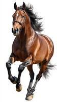Majestic brown horse galloping with flowing mane in a lively showcase of strength and grace photo