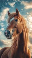 Majestic chestnut horse with flowing mane stands against a dramatic sky at sunset photo