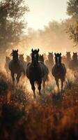 Herd of Wild Horses Galloping at Sunrise Through Misty Grasslands photo