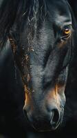 Black horse with striking amber eyes standing in a rustic environment during golden hour, showcasing beautiful coat texture and detail photo