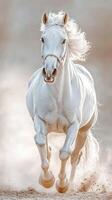 Powerful white horse gallops swiftly across a sandy landscape during golden hour in an open arena photo
