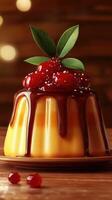 Delicious caramel flan dessert topped with cherries and mint leaves presented on a wooden table photo