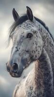 Beautiful speckled horse in soft natural light under a cloudy sky showcasing majestic features photo