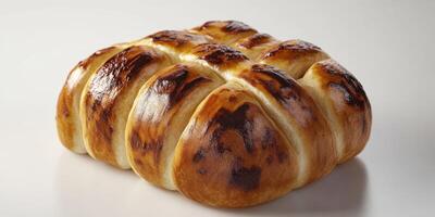 Freshly baked golden bread loaf with a crispy crust showcasing intricate patterns photo