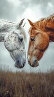 Horses sharing a moment of connection in a serene meadow under an overcast sky photo