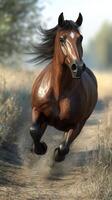 Majestic brown horse gallops swiftly through a sunlit dirt path surrounded by tall grass photo