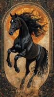 Majestic black horse rearing against a golden backdrop with intricate patterns during dynamic motion photo