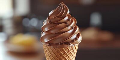 Swirled chocolate soft serve ice cream in a cone served in a cafe photo