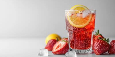 Refreshing strawberry lemonade drink served over ice with fresh strawberries and lemon slice photo