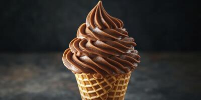 Creamy chocolate soft serve ice cream cone enjoyed in a cozy dessert shop during a sunny afternoon photo