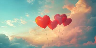 Heart-shaped balloons float against a colorful sky at sunset, creating a romantic atmosphere photo