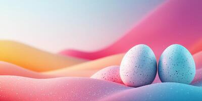 Colorful speckled eggs resting on pastel waves during a serene sunrise photo