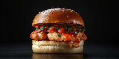 Delicious chicken sandwich with tangy sauce and fresh herbs served on a sesame seed bun photo