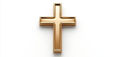 Reflective golden cross rests on a clean white surface, symbolizing faith and spirituality in a minimalist style photo