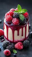 Delicious creamy dessert topped with fresh raspberries and blackberries drizzled with berry sauce on a dark background photo