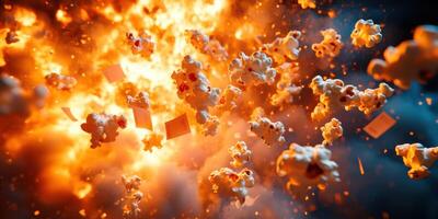 Explosive popcorn bursts into the air during a dramatic cinematic moment at a film event photo