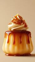 Caramel custard dessert with cream topping and drizzle served in a minimalist setting photo