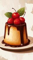 Delicious dessert with rich chocolate sauce and fresh cherries on a plate photo