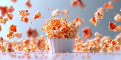 Popcorn flying in the air with a white container filled with freshly popped kernels in a bright setting photo