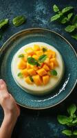 Mango dessert served with mint leaves on a decorative plate at a modern kitchen setting photo