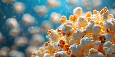 Close-up view of freshly popped popcorn showcasing texture and details in bright blue lighting photo