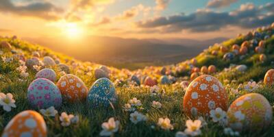 Colorful decorated eggs scattered over a grassy hillside during a vibrant sunset in springtime photo