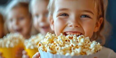 Joyful children enjoying popcorn at a cheerful gathering in a vibrant indoor setting photo
