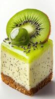 Delicious kiwi cheesecake dessert with a glossy green glaze and crunchy crust displayed on a white background photo