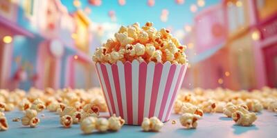 Colourful popcorn in a striped bucket with scattered popcorn in a festive outdoor setting during a bright day photo