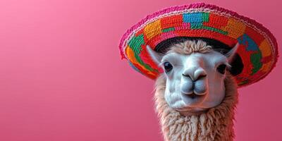 Unique llama wearing a colorful sombrero against a bright pink background in a playful setting photo