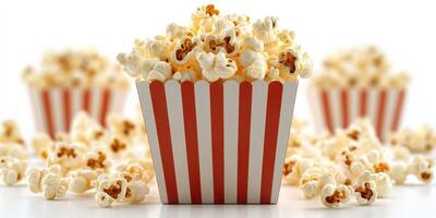 Freshly popped popcorn in striped containers displayed on a light background for a movie night experience photo