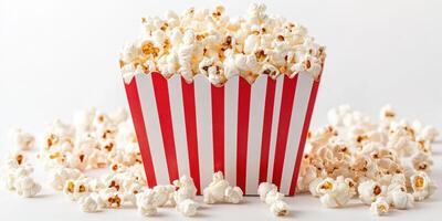 Freshly popped popcorn overflowing from a classic red and white striped container on a plain background photo