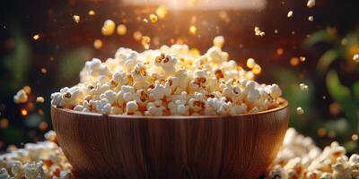 Freshly popped corn fills a wooden bowl with fluffy kernels, creating a delightful snack experience photo