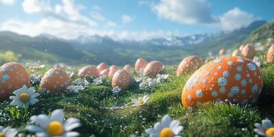 Colorful decorated eggs scattered across a vibrant spring meadow in the mountains under a clear blue sky photo