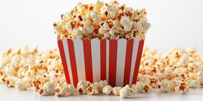 Delicious popcorn overflowing from a classic red and white striped container on a clean surface photo