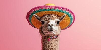 Llama wearing a colorful sombrero poses against a pink background with a playful expression photo