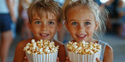 Children enjoy popcorn at a lively outdoor event during a sunny afternoon in a cheerful atmosphere photo