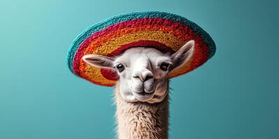 Llama wearing a colorful sombrero against a bright blue background in a festive display of joy photo