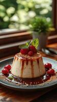 Delicious dessert featuring panna cotta topped with fresh raspberries and mint on a wooden table in a cozy cafe setting photo