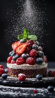 Delicious berry cake garnished with fresh fruits and powdered sugar on a dark background photo