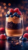Delicious dessert with layers of chocolate, fruit, and earthy textures topped with blueberries and raspberries at night photo