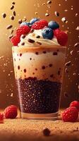 Delicious dessert with layers of cream, berries, and chocolate in an artistic presentation photo