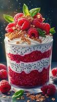 Delicious raspberry parfait layered with yogurt and topped with granola on a dark background photo