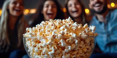 Friends enjoy movie night with large bowl of popcorn in cozy setting filled with warm lights photo