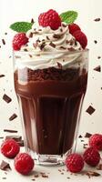 Indulgent dessert with layers of chocolate, whipped cream, fresh raspberries, and mint leaves on a light background photo