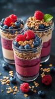 Colorful dessert jars filled with layers of yogurt, berries, and granola displayed on a dark background photo
