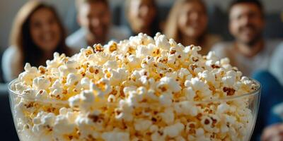 Friends enjoying a movie night with a large bowl of popcorn in front of them while relaxing on a couch photo