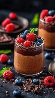 Decadent chocolate dessert topped with fresh berries directly from a kitchen setting photo
