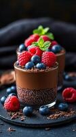 Delicious chocolate chia pudding topped with fresh raspberries and blueberries served on a dark plate photo