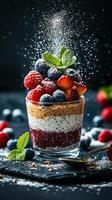 Layered dessert with fresh berries and mint garnished with powdered sugar on a dark background photo